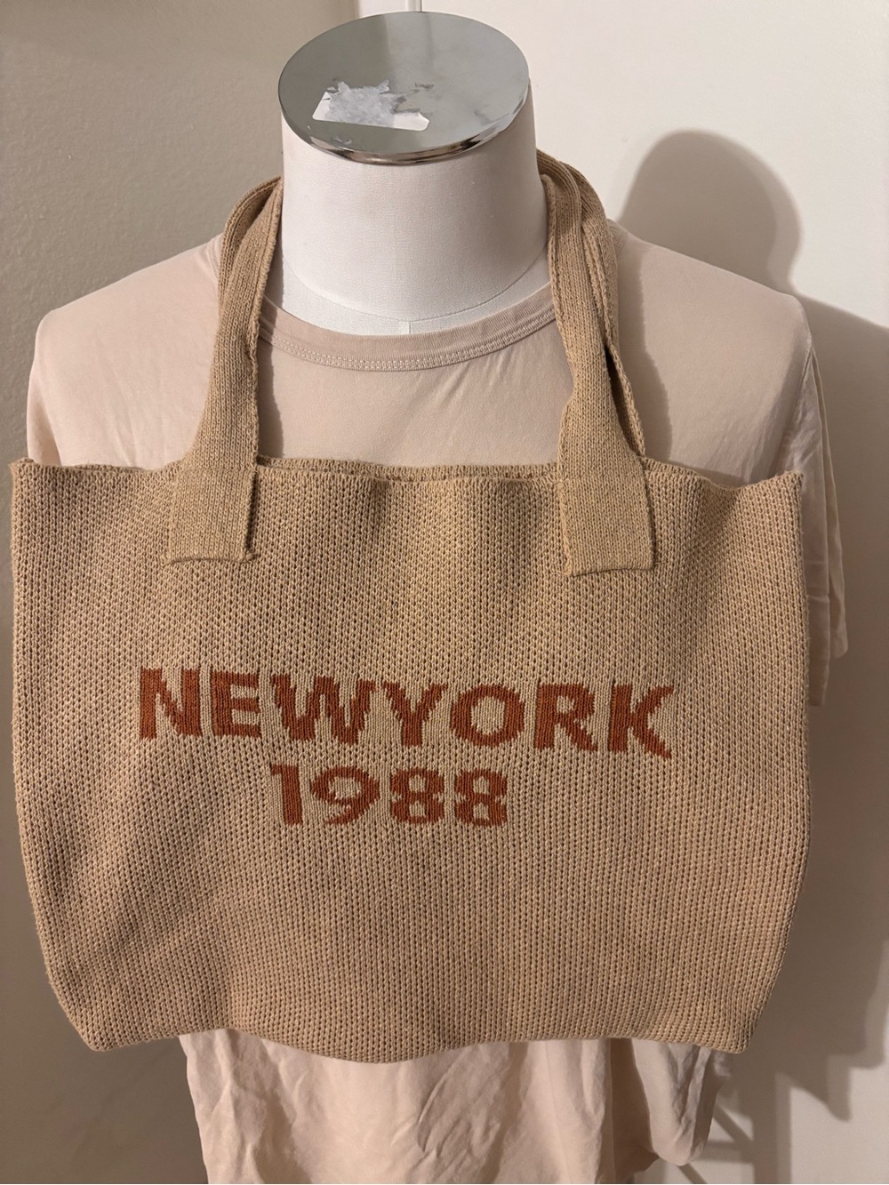 Beige Knit Tote Bag with Rust Lettering - Casual Everyday Carry